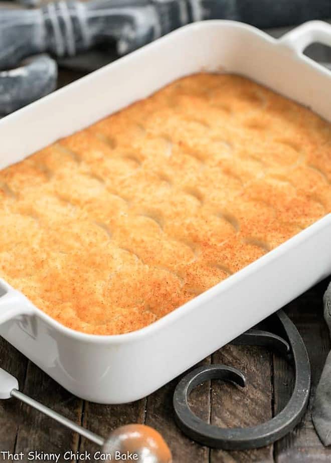 Easy Puffed Potatoes Casserole in a rectangular ceramic dish.