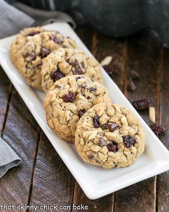 Loaded Oatmeal Cookies on a white tray