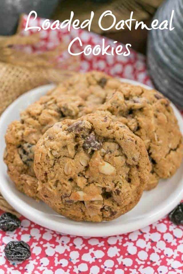 Loaded Oatmeal Cookies - Chewy oatmeal cookies filled with almonds, dried cherries and chocolate #oatmealcookies #cookies #chocolate #driedcherries #oats