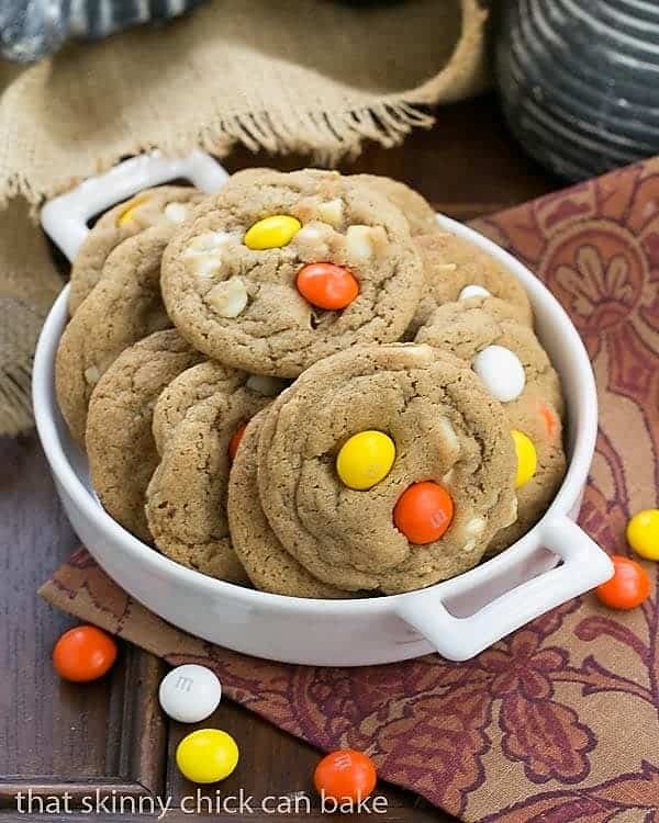 M&M White Chocolate Macadamia Nut Cookies in small ceramic terrine.