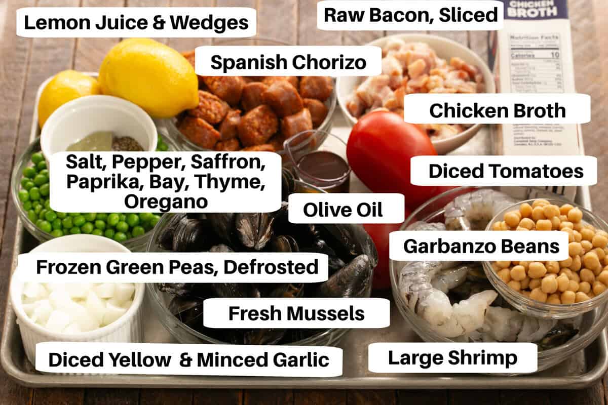 Paella Ingredients with images on a sheetpan.