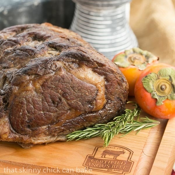 Classic Prime Rib roast on a cutting board.