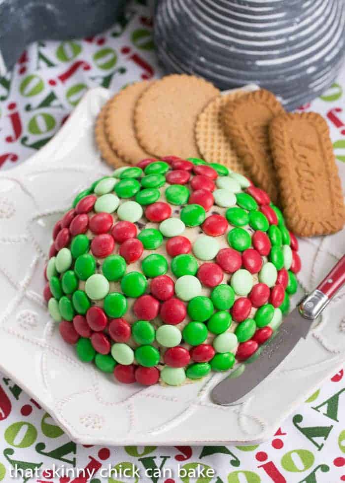 Overhead Cookie Dough Cheese Ball on a white geometric plate