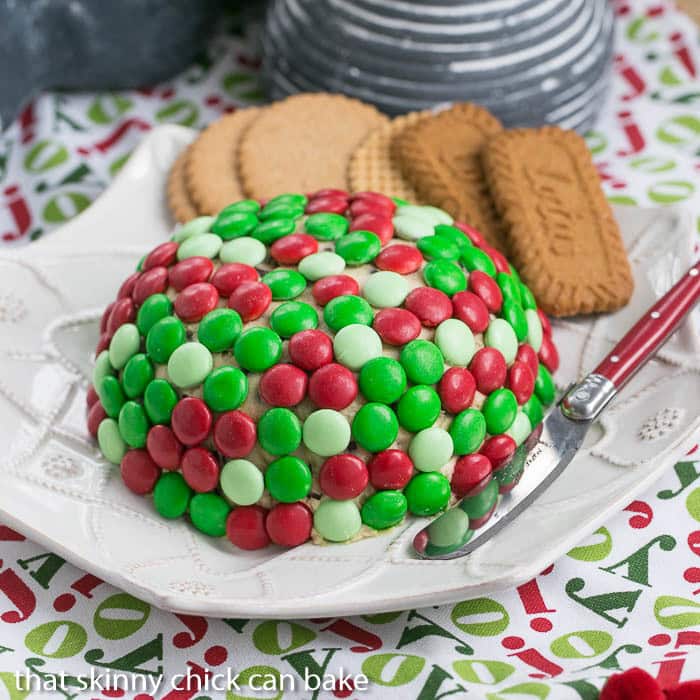 Cookie Dough Cheese Ball covered with holiday colored M & M's