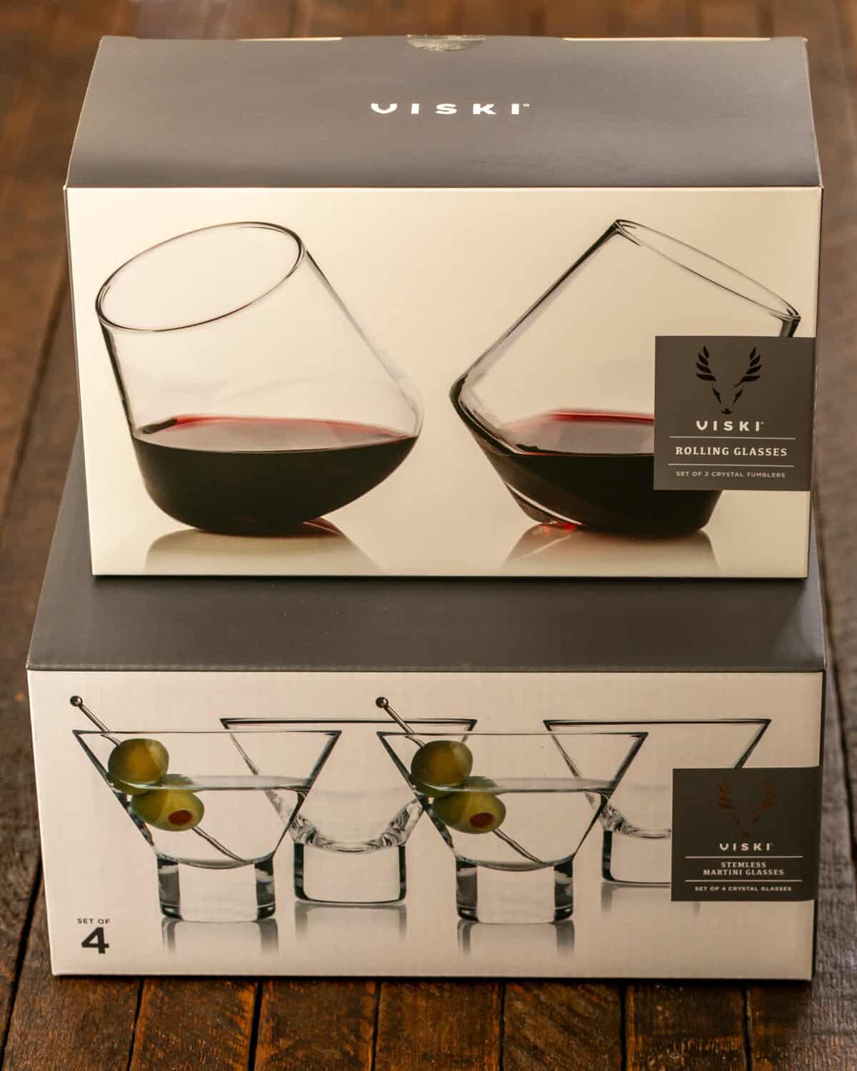 Two stacked boxes of Viski glasses.