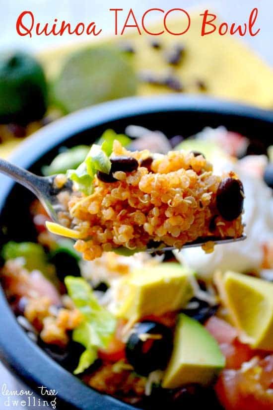 Quinoa Taco Bowls in a bowl with a spoonful in the foreground