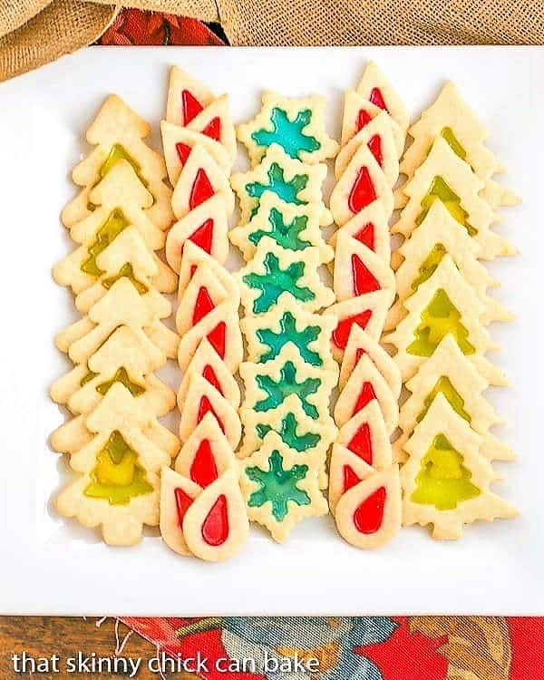 Stained Glass Cookies lined up on a square white platter.