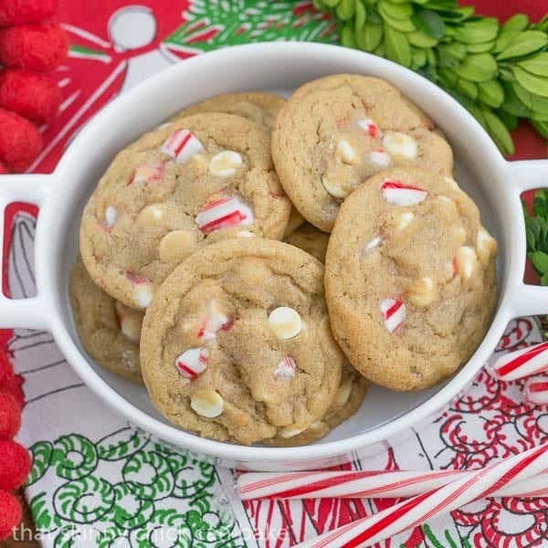 White Chocolate Candy Cane Cookies | A chewy, buttery cookie filled with white chocolate chips and crushed candy canes