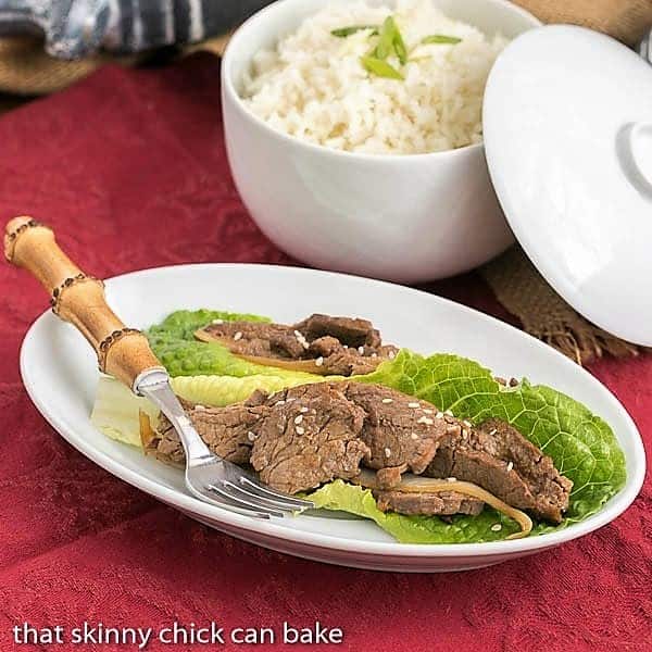 White platter of Easy Korean Beef Stir Fry.