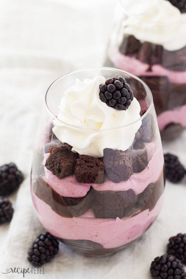 Chocolate Blackberry Cheesecake Trifles in clear glasses