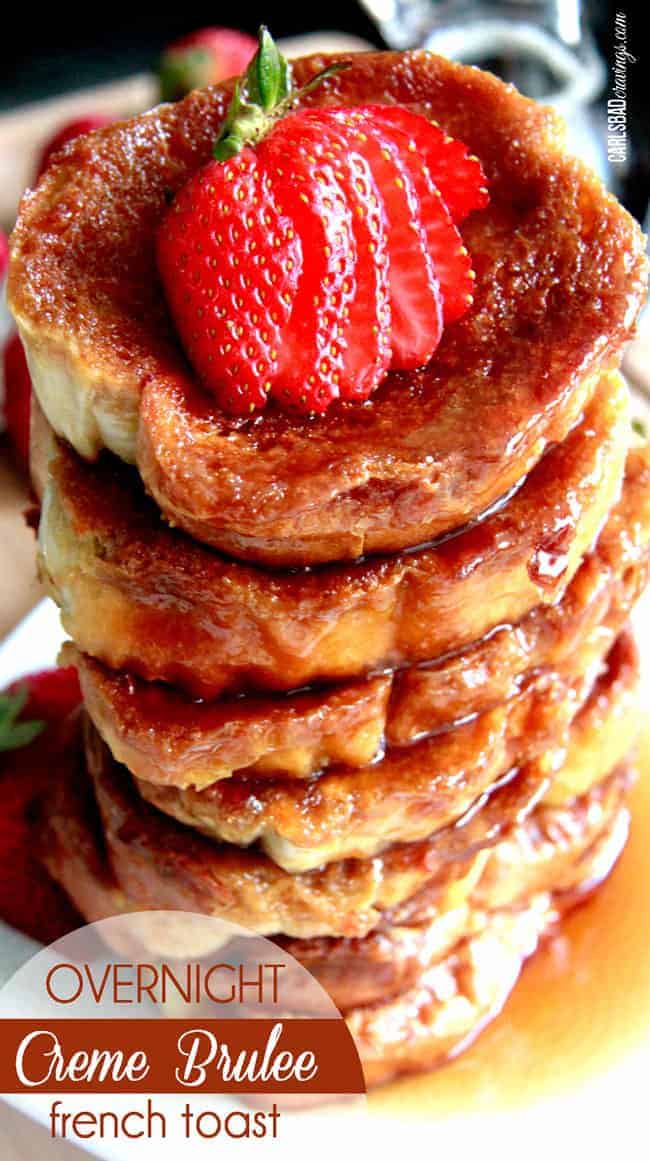 Overnight Creme Brulee French Toast topped with a strawberry