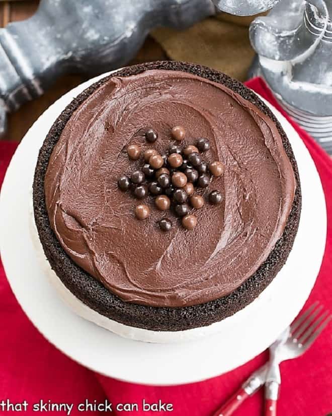 Overhead view of chocolate ding dong cake recipe.