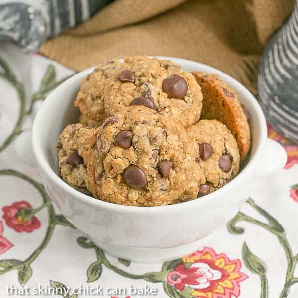A bowl full of Oatmeal Chocolate Chip Cookies.