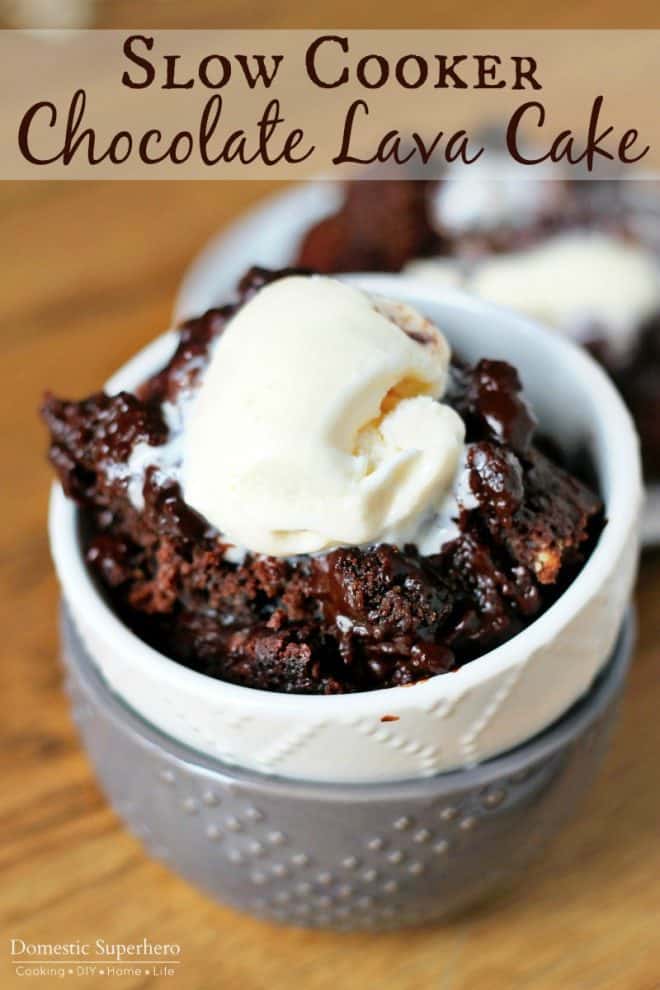 Slow Cooker Chocolate Lava Cake in a white bowl topped with ice cream