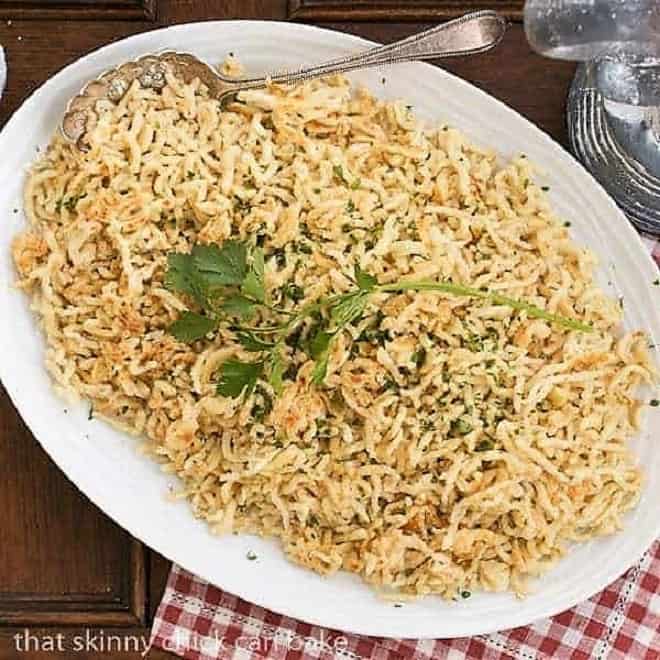 Spaetzel (German egg noodles) on a large serving platter.