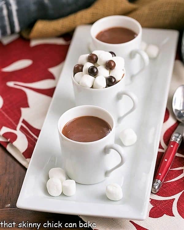 Two mugs of Italian Hot Chocolate on a white tray.