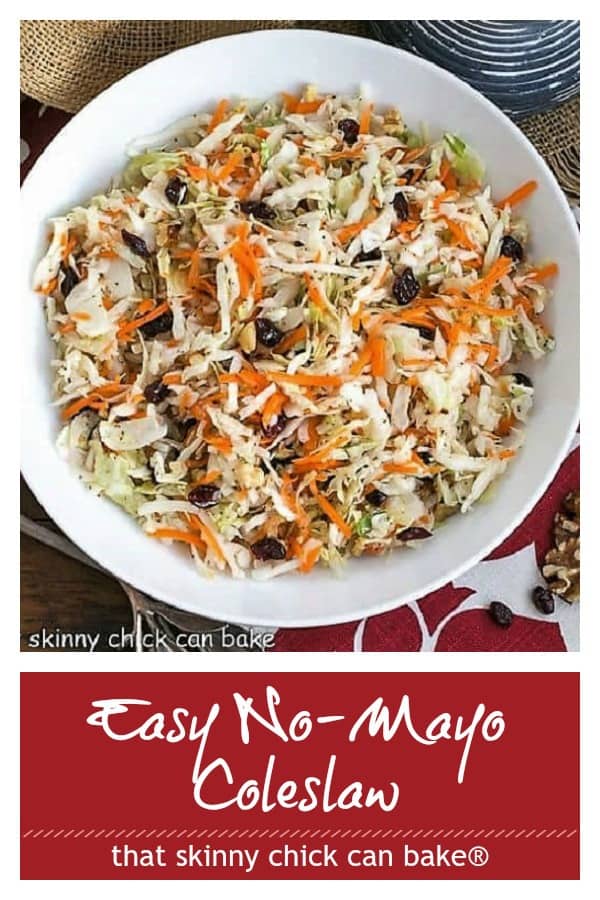 This easy coleslaw recipe can be put together in minutes. Dotted with vibrant dried cranberries and crunchy walnuts, it's a crowd pleasing side dish recipe. This coleslaw recipe without mayo is perfect for cookouts, picnics, and potluck dinners. #picnics #summerparties #coleslaw #easyrecipe #craisins #cabbage #walnuts #thatskinnychickcanbake Easy Coleslaw Pinterest collage