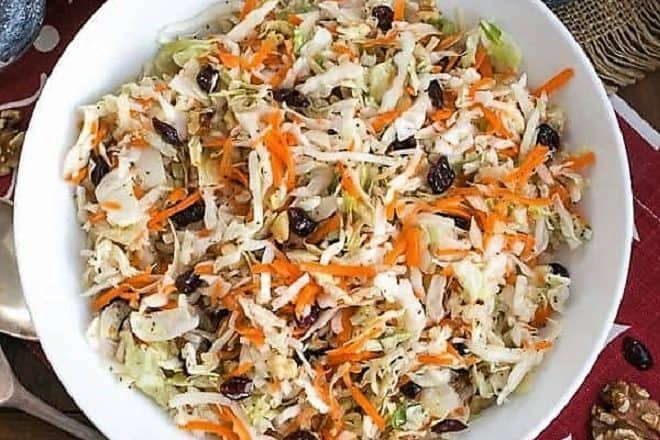 Overhead view of Easy Coleslaw in a white serving bowl