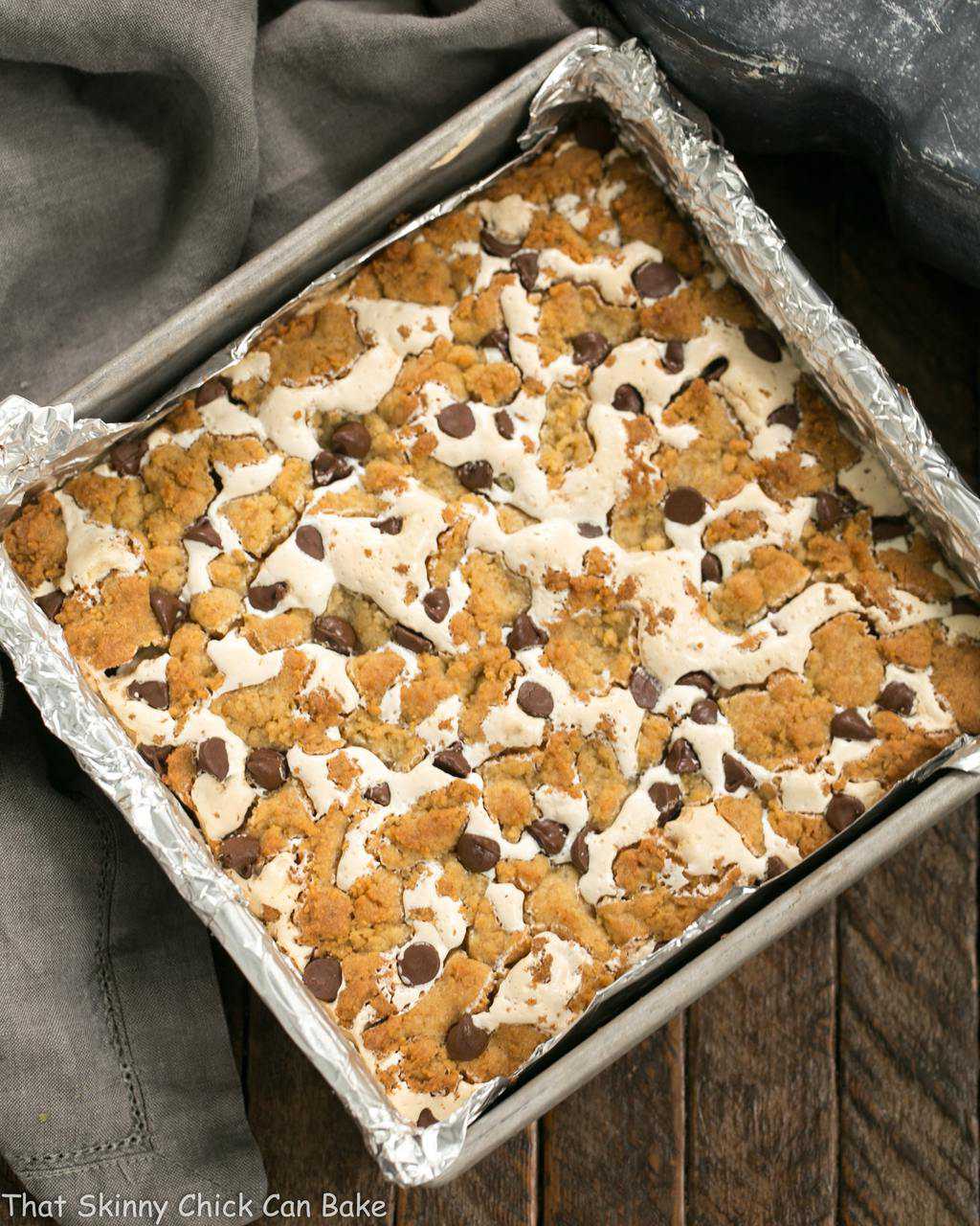 S'mores Cookie Bars in an 8 x 8-inch baking pan.