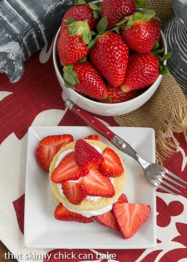 overhead image - olive oil cake rounds topped with sweetened whip cream and ripe, juicy strawberry slices