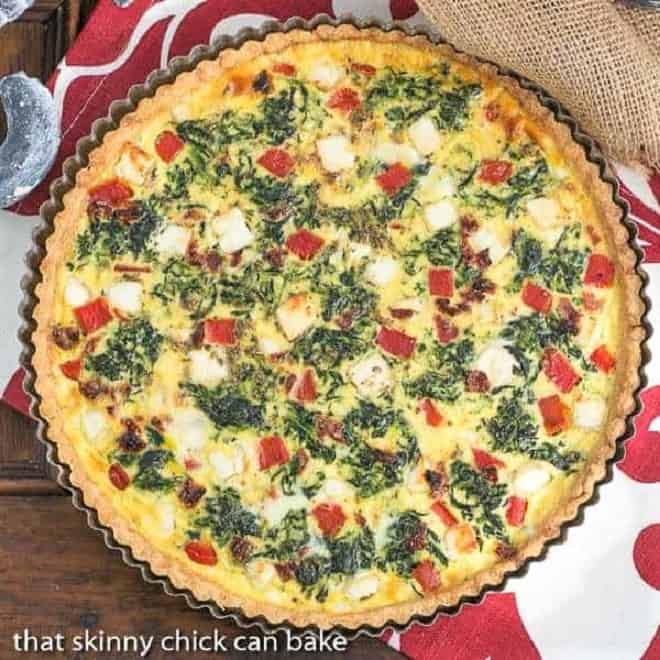 Sun-dried Tomato and Spinach Quiche overhead view.