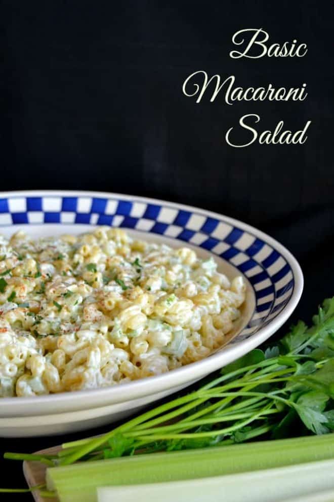 Macaroni Salad in a white bowl with a blue checked rim