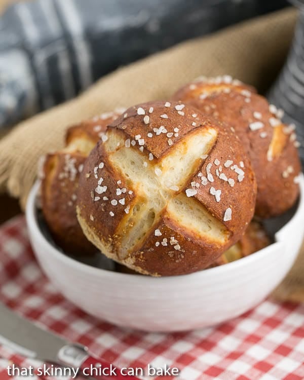 Pretzel Rolls in a white bowl.