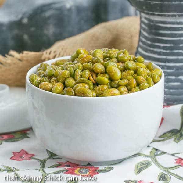 Roasted Creole Edamame in a white bowl.