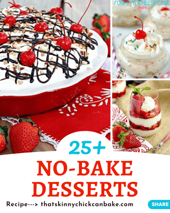 No-Bake Desserts collage with 3 photos and a text box.