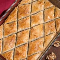 Overhead view of Classic Greek Baklava cut into diamond shapes in a glass 9x13-inch pan