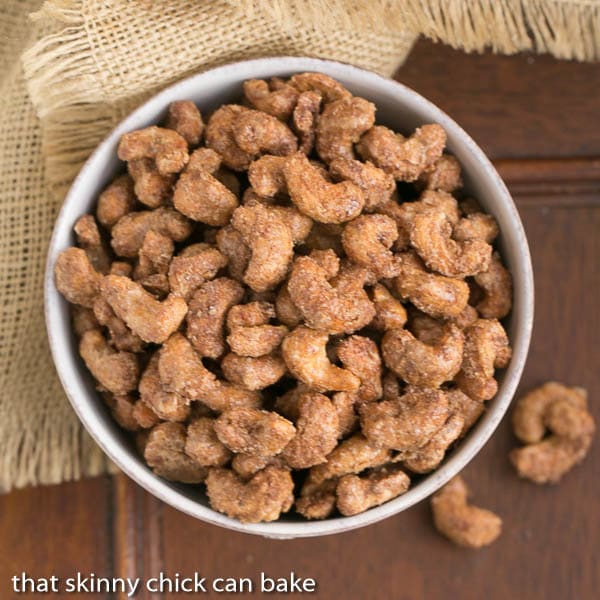 Top view of a bowl of Spicy Sugared Cashews.