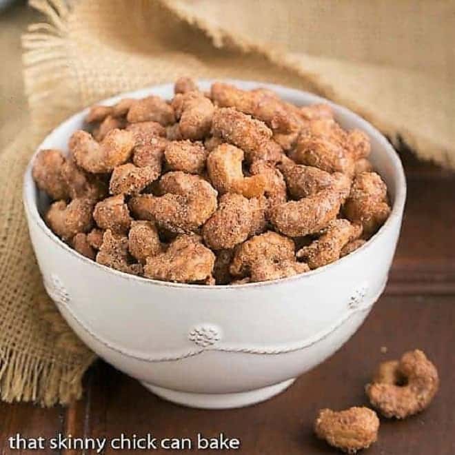 Spicy Sugared Cashews in a white serving bowl
