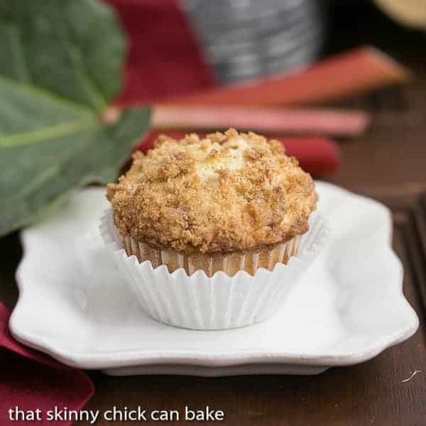 Streusel Topped Rhubarb Muffins | Moist, tender muffins filled with diced rhubarb and topped with a buttery streusel