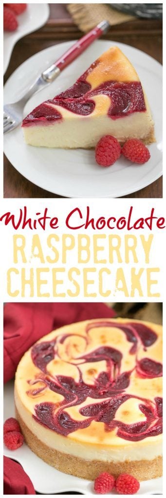 White Chocolate Raspberry Swirl Cheesecake | A luscious White Chocolate Cheesecake with a marbleized raspberry topping