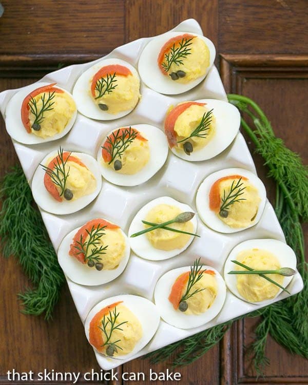 Smoked Salmon Deviled Eggs overhead view of a dozen in a white ceramic egg dish