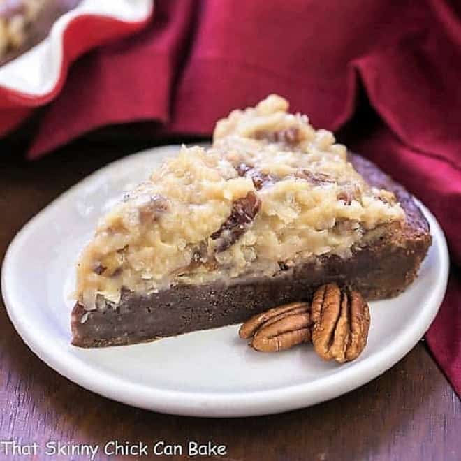 German Chocolate Brownie Pie slice on a white dessert plate