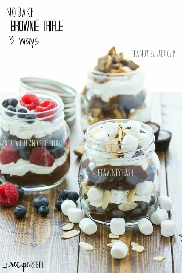 No Bake Brownie Trifles in clear canning jars