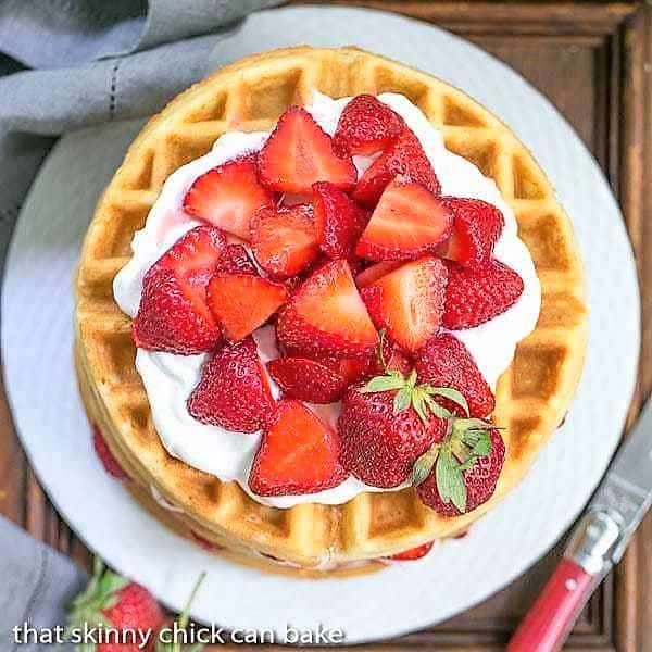 Strawberry Waffle Cake viewed from above on a white cake plate