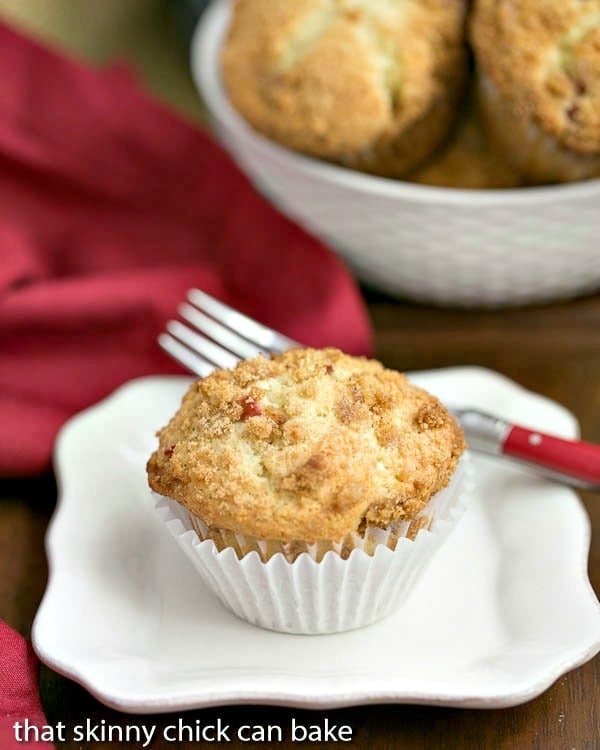 Streusel Topped Rhubarb Muffins - Moist, tender muffins filled with diced rhubarb and topped with a buttery streusel