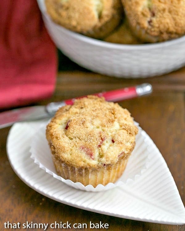 Streusel Topped Rhubarb Muffins - Moist, tender muffins filled with diced rhubarb and topped with a buttery streusel.