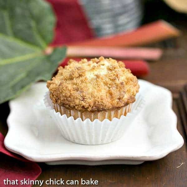 Streusel Topped Rhubarb Muffins - Moist, tender muffins filled with diced rhubarb and topped with a buttery streusel