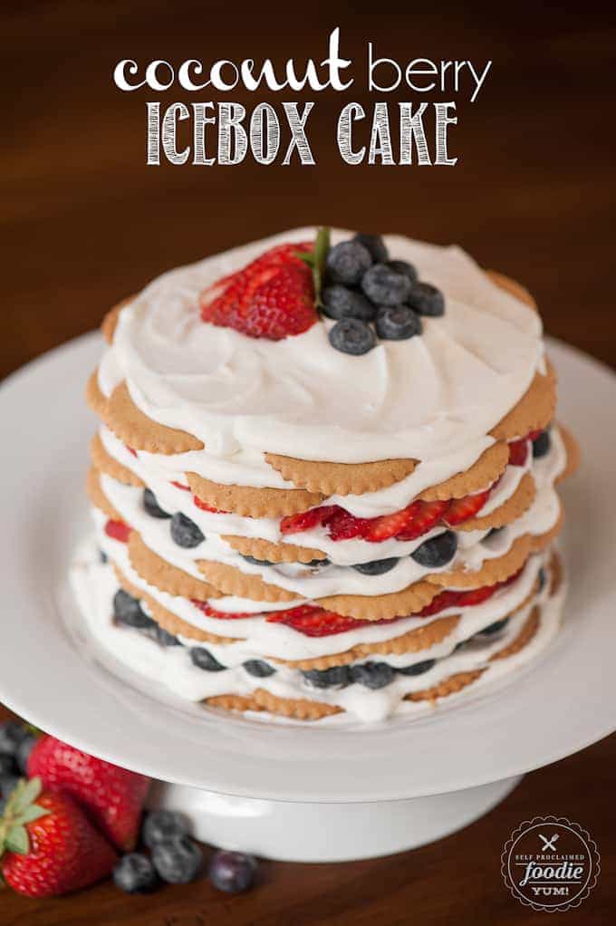 Coconut Berry Icebox Cake on a white cake plate