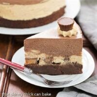 Slice of chocolate peanut butter mousse on a white plate