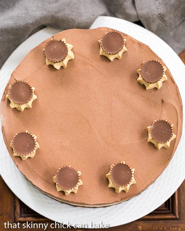 Overhead view of Peanut Butter Chocolate Mousse Cake on a white serving plate.