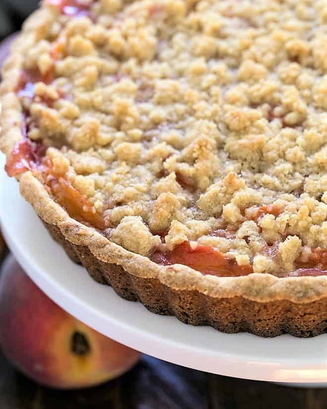 Close view of the edge of a peach dessert recipe.