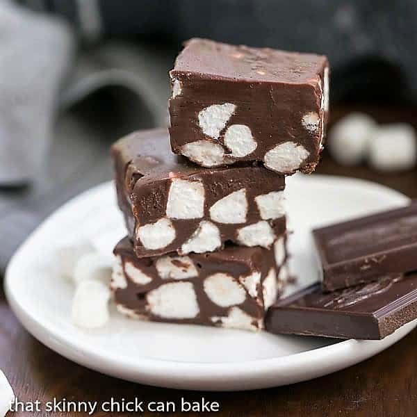 Chocolate Marshmallow Fudge stack on a small white plate.