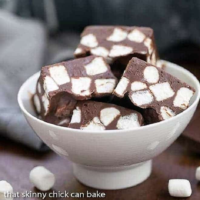 Chocolate Marshmallow Fudge in a white ceramic bowl.