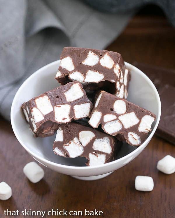 Overhead view of Chocolate Marshmallow Fudge in a white bowl