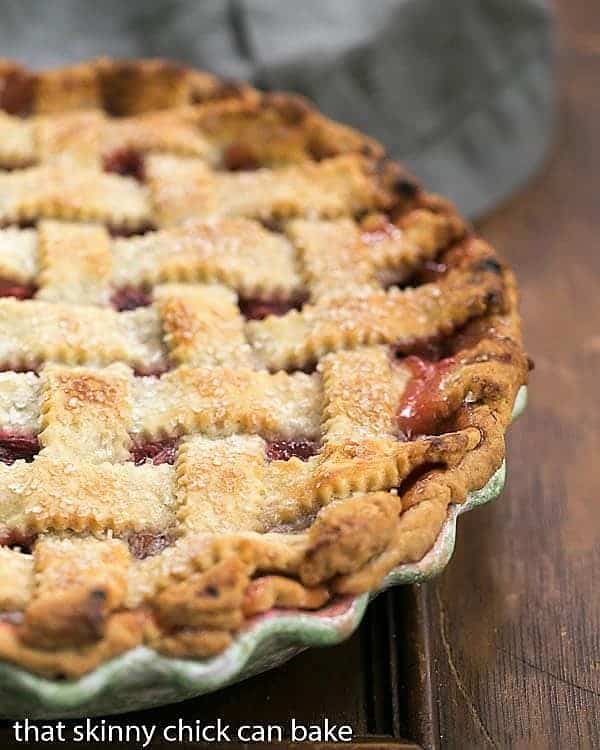 Classic Rhubarb Pie in pie plate.