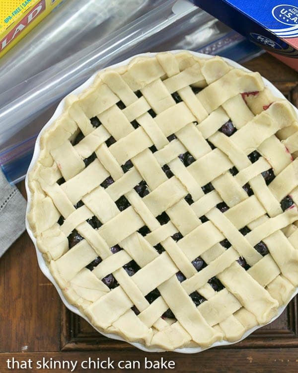 Freeze and Bake Blueberry Pie lattice crust viewed from above before baking